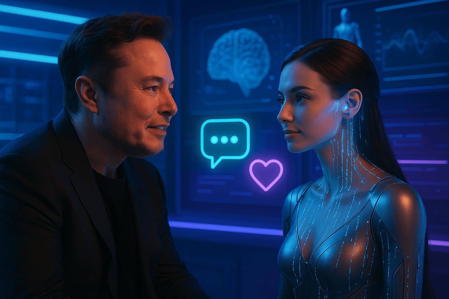 Elon Musk interacting with futuristic female AI companion featuring Neuralink chip, holographic visuals, and emotional AI love chatbot interface in a high-tech room.