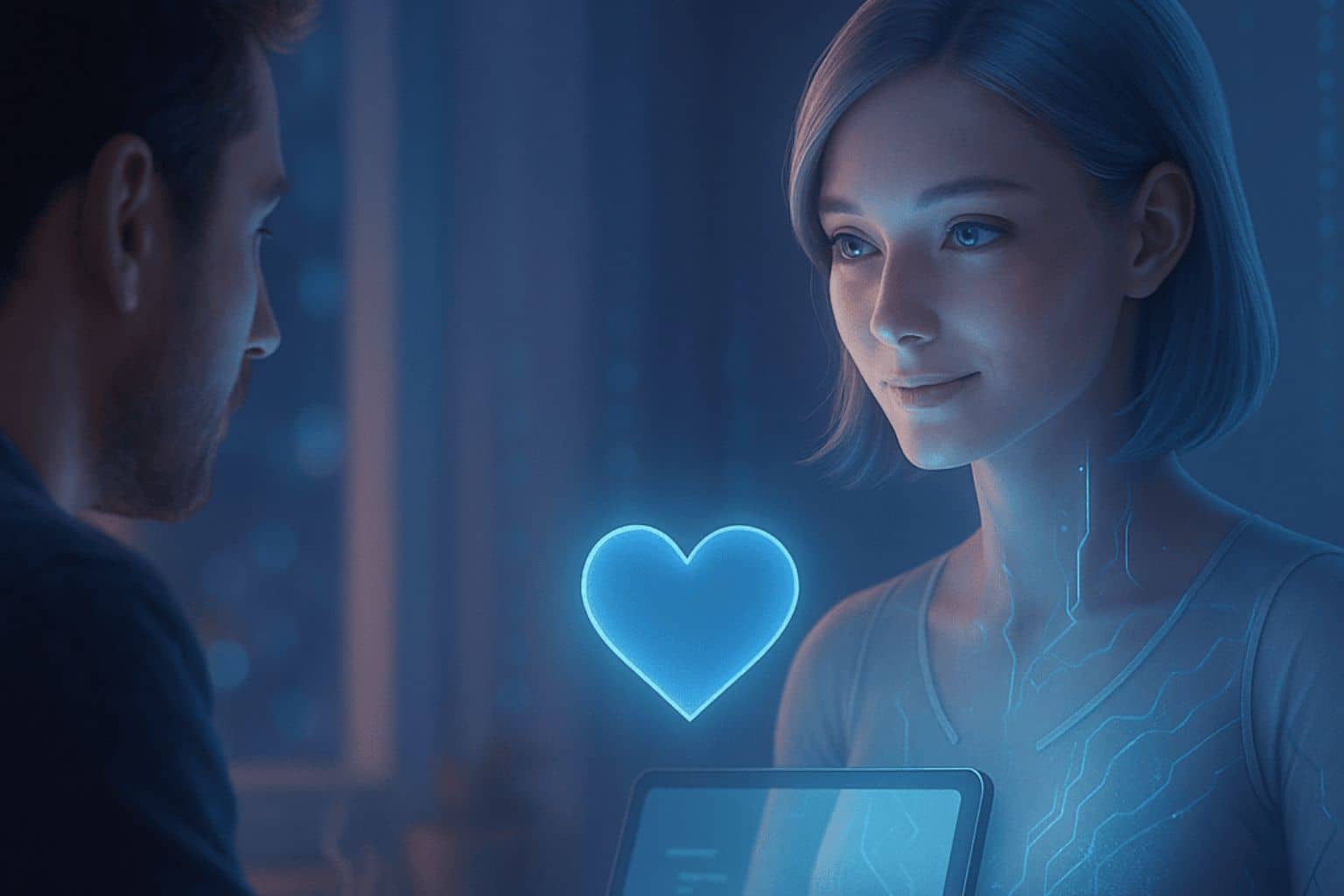 Human user interacting with Anni AI, a virtual emotional chatbot, in a futuristic digital environment with glowing heart and neural interface.