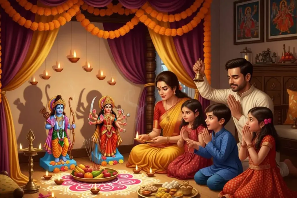 Family performing Dasara festival pooja at home with decorated mandap, clay idols, diyas, and festive flowers for Dussehra 2025 celebration.