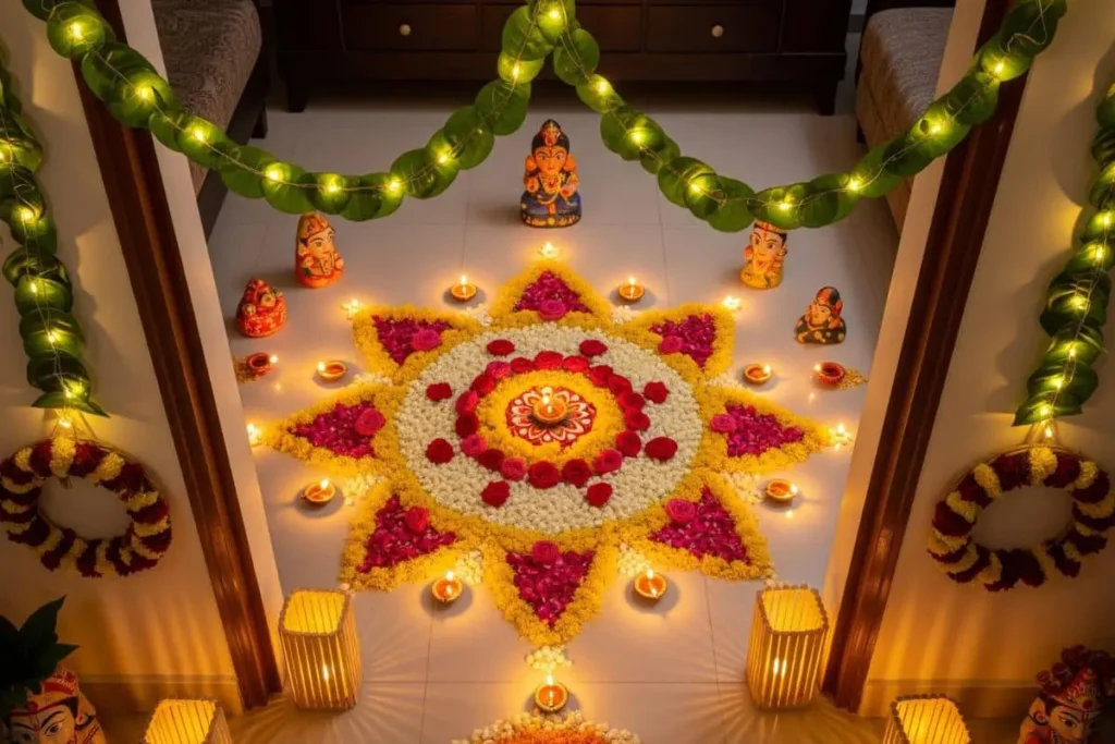 Home decorated for Dussehra 2025 with flower rangoli, mango leaf toran, diyas, and eco-friendly festive decoration ideas.
