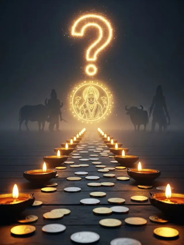 Mystical Dhanteras poster with glowing diyas, faint aura of Goddess Lakshmi, shadow of Yamraj, gold and silver coins, and a glowing question mark in festive background.