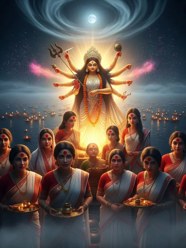 Durga Visarjan and Sindur Khela poster image with women in red sarees, sindur, and glowing Durga idol at Ganga river.
