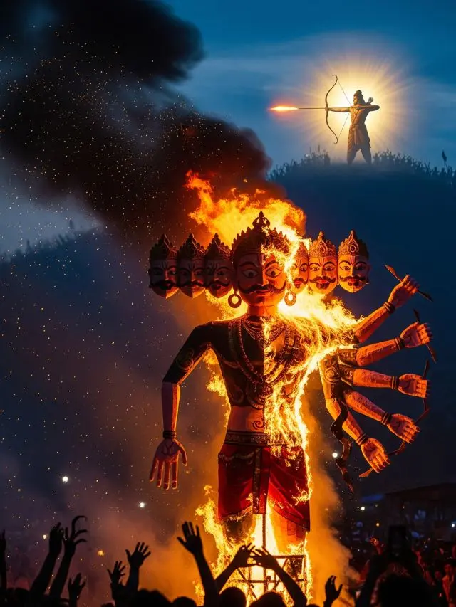 Dussehra 2025 Ravan Dahan 4D animated poster – Rama aiming arrow, Ravana effigy burning with mystery and celebration.