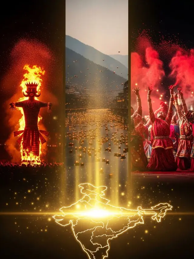 Dussehra 2025 celebrations in Delhi, Kullu, and Kolkata with mystical golden glow, sparks, and floating lamps, cinematic 4D animation.