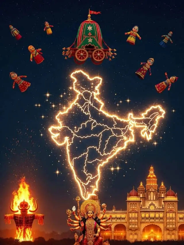 4D animated poster of India map glowing with Dussehra traditions – Ravan effigy, Mysore Palace, Durga idol, Kullu chariot, and Golu dolls creating a mysterious festive vibe.