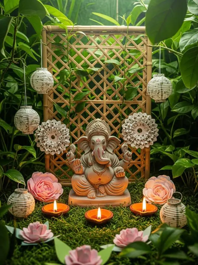 Eco-friendly Ganesh Chaturthi 2025 poster with bamboo and clay diyas.