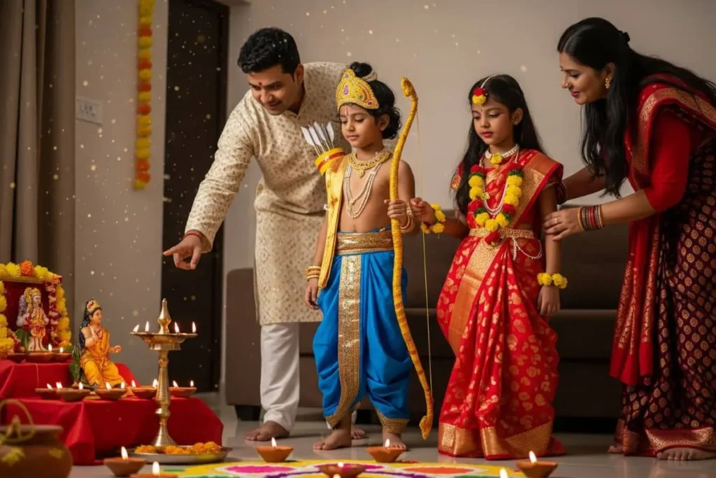 Family celebrating Dussehra at home with children enacting Ramlila, parents guiding rituals, diyas glowing, and rangoli adding festive charm.