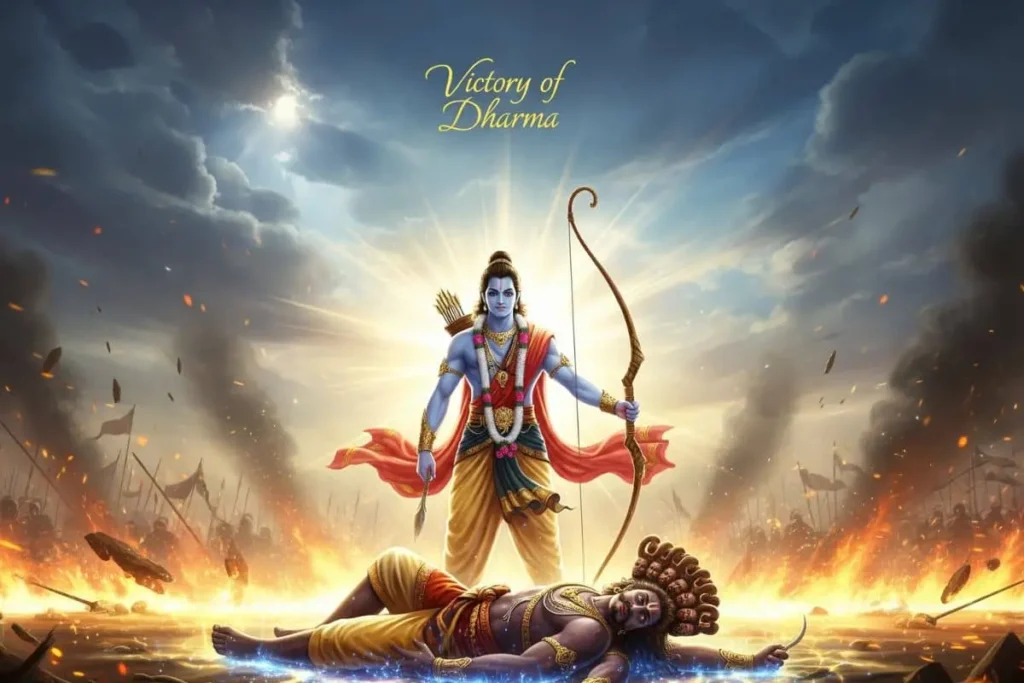 Lord Rama defeating Ravana in a symbolic Dussehra battle scene with glowing arrows and spiritual lights representing the significance of Vijaya Dashami.