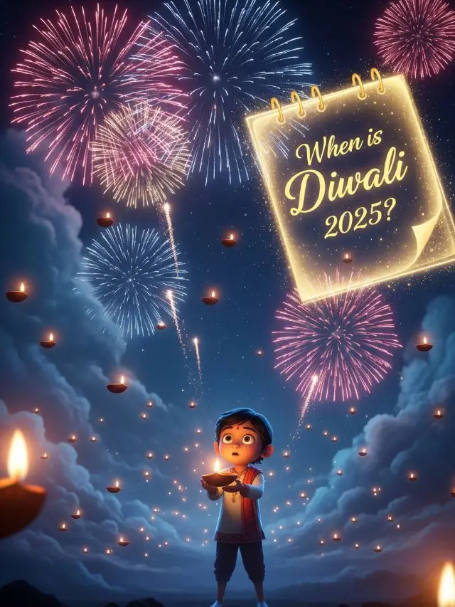 Curious animated poster showing Diwali 2025 date mystery with child, diyas, and fireworks