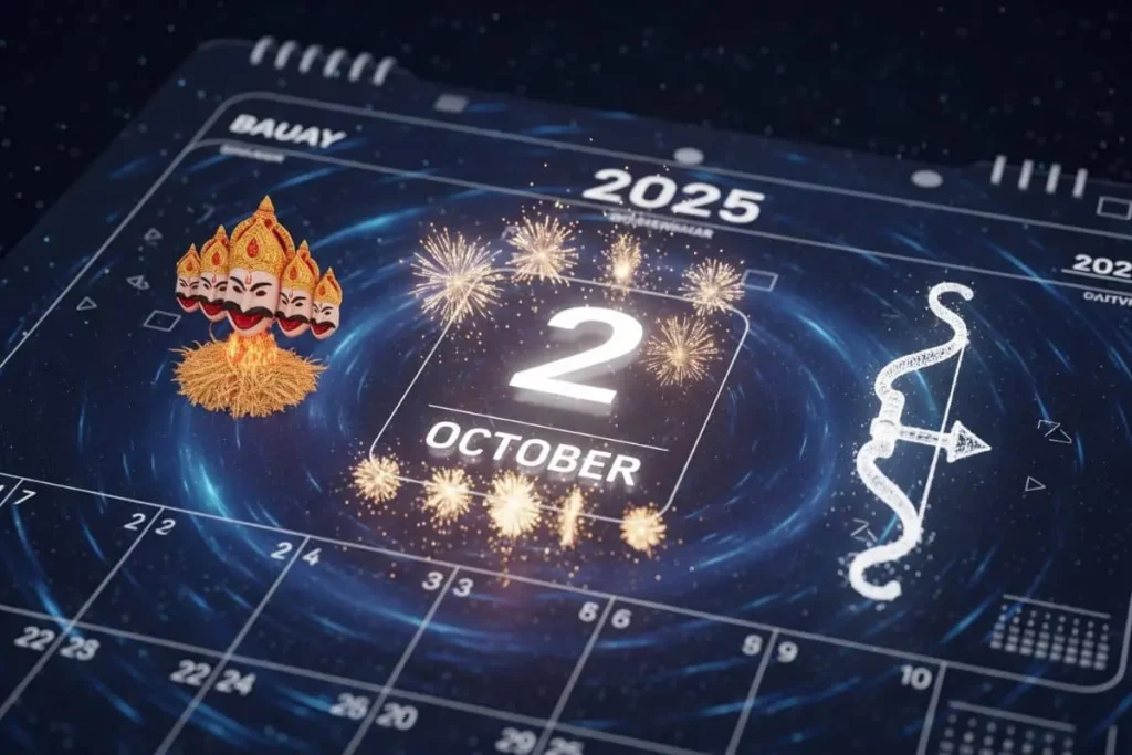 Calendar highlighting October 2, 2025 as Dussehra date in India with fireworks, glowing Ravana effigy, and Lord Rama’s bow symbolizing Vijaya Dashami.