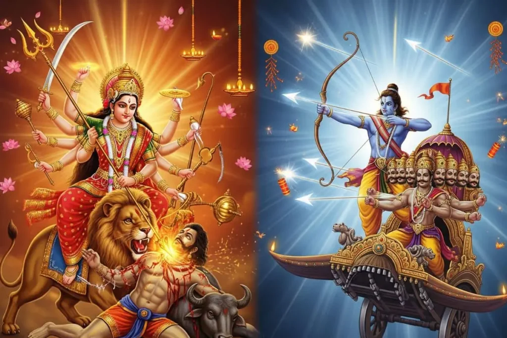 Goddess Durga slaying Mahishasura and Lord Rama fighting Ravana, showing why Dussehra is celebrated in India as the triumph of dharma over evil.