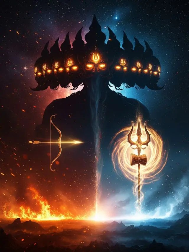 4D animated poster of Dussehra showing mysterious Ravan effigy with Rama’s bow and Durga’s trident, creating curiosity about why we celebrate Dussehra.