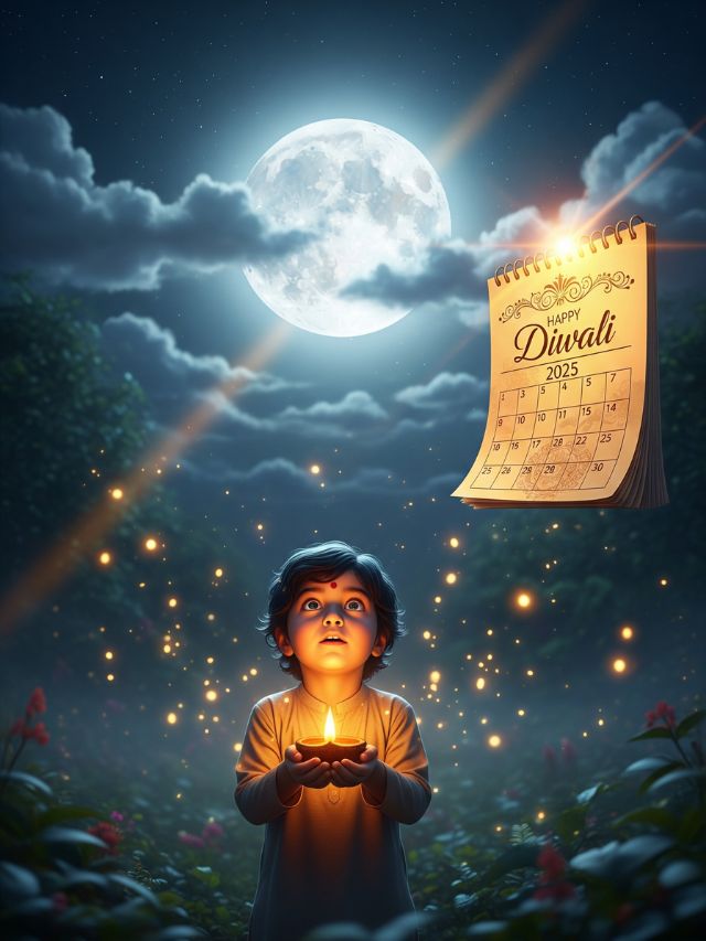 Curious child holding a glowing diya under a mysterious night sky with hidden moon, golden sparkles, and a calendar showing Diwali 2025 date – emotional and festive scene